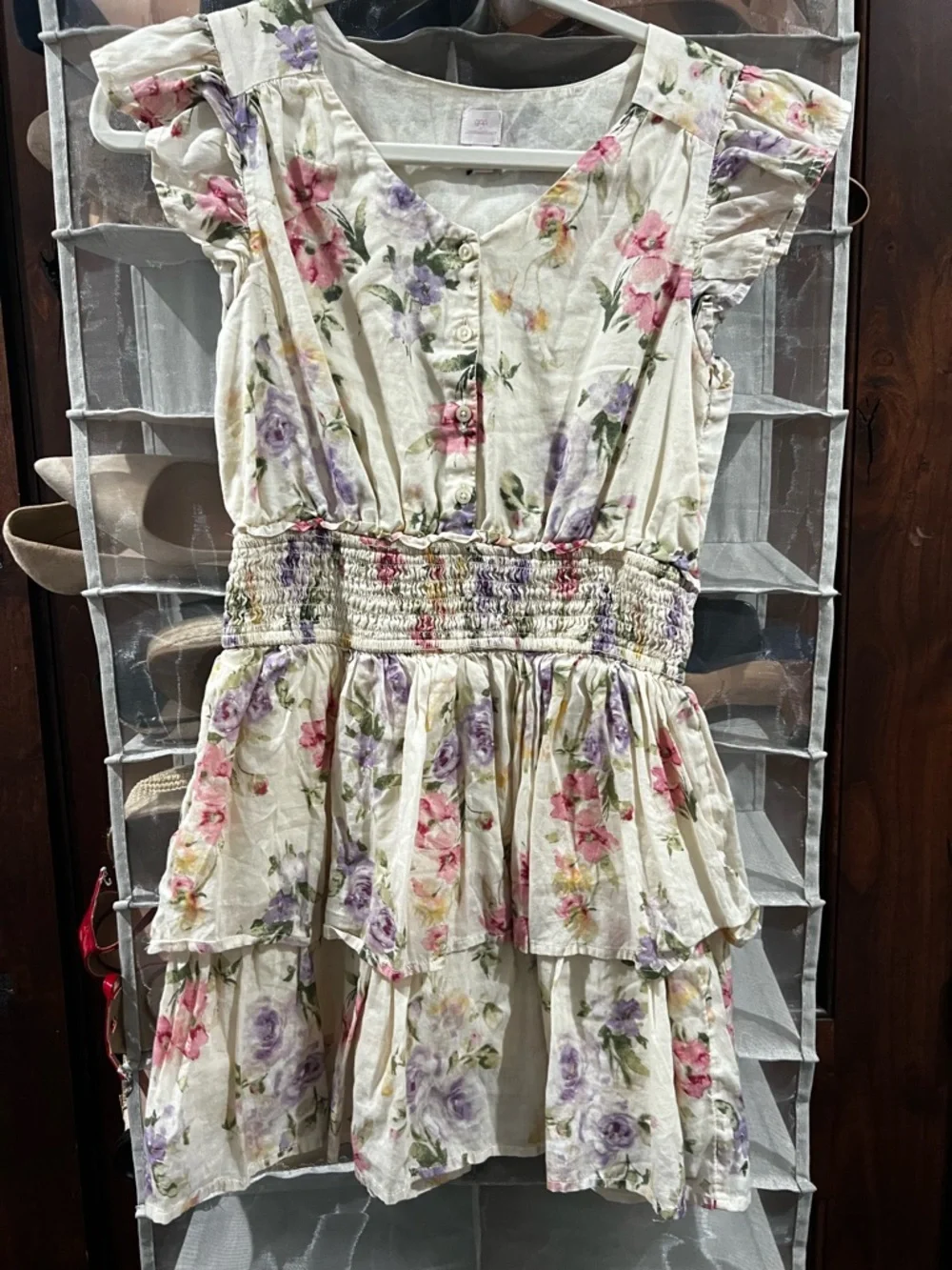 Gap x LoveShack Fancy Smocked Waist Dress - White with Pink & Lavender Flowers